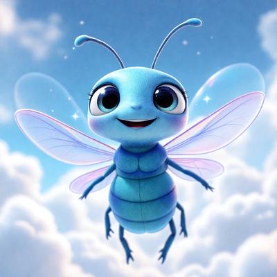 The primary subject of the image is a blue butterfly with a smiling face. The butterfly is flying in a blue sky, which serves as the setting for the scene. The visual style of the image is digital art, as it is a cartoon-like butterfly with a smiling face. The dominant colors in the image are blue and white, creating a cheerful and lighthearted atmosphere.